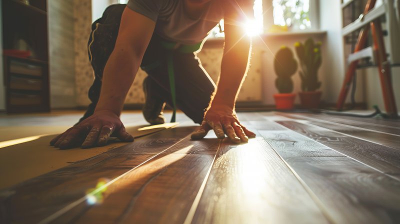 person laying laminate floors 